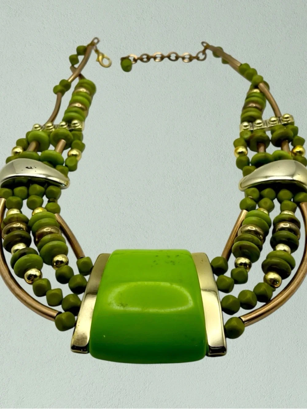 Vibrant Lime Green and Polished Gold Tone Multi Strand Statement Bib Necklace - Picture 2 of 15
